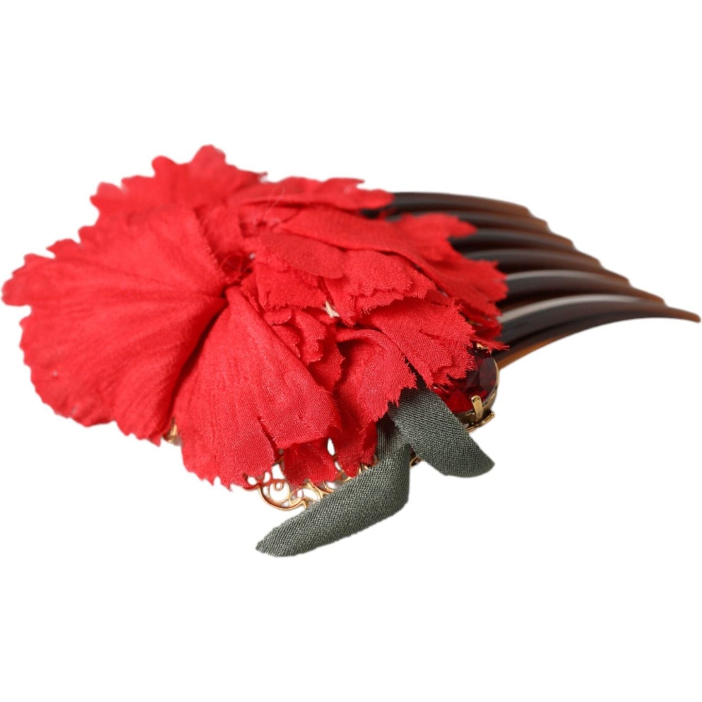 Dolce & Gabbana Red Silk Floral Gold Brass Women Hair Comb Dolce & Gabbana