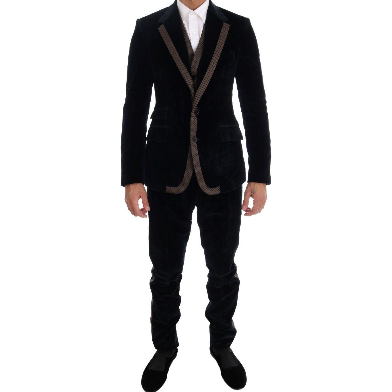 Dolce & Gabbana Blue Velvet Two Button Slim 3 Piece Suit 1728,2% Silk,67345645728,8% Polyester,Blue,Clothing,Dolce & Gabbana,IT46 | S,Material: 90% Cotton,Men,Men - Clothing,New with tags,Suits & Blazers - Clothing,Suits - Men - Clothing,Three-Piece Suits
