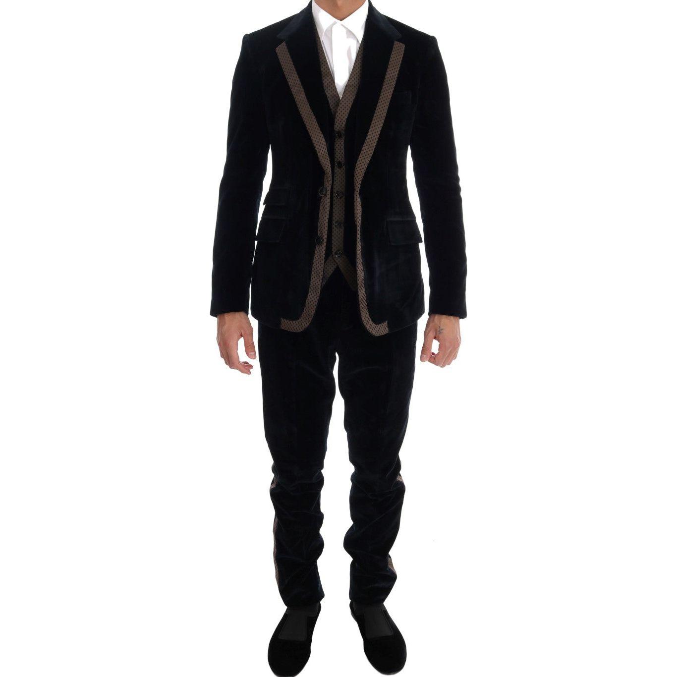 Dolce & Gabbana Blue Velvet Two Button Slim 3 Piece Suit 1728,2% Silk,67345645728,8% Polyester,Blue,Clothing,Dolce & Gabbana,IT46 | S,Material: 90% Cotton,Men,Men - Clothing,New with tags,Suits & Blazers - Clothing,Suits - Men - Clothing,Three-Piece Suits