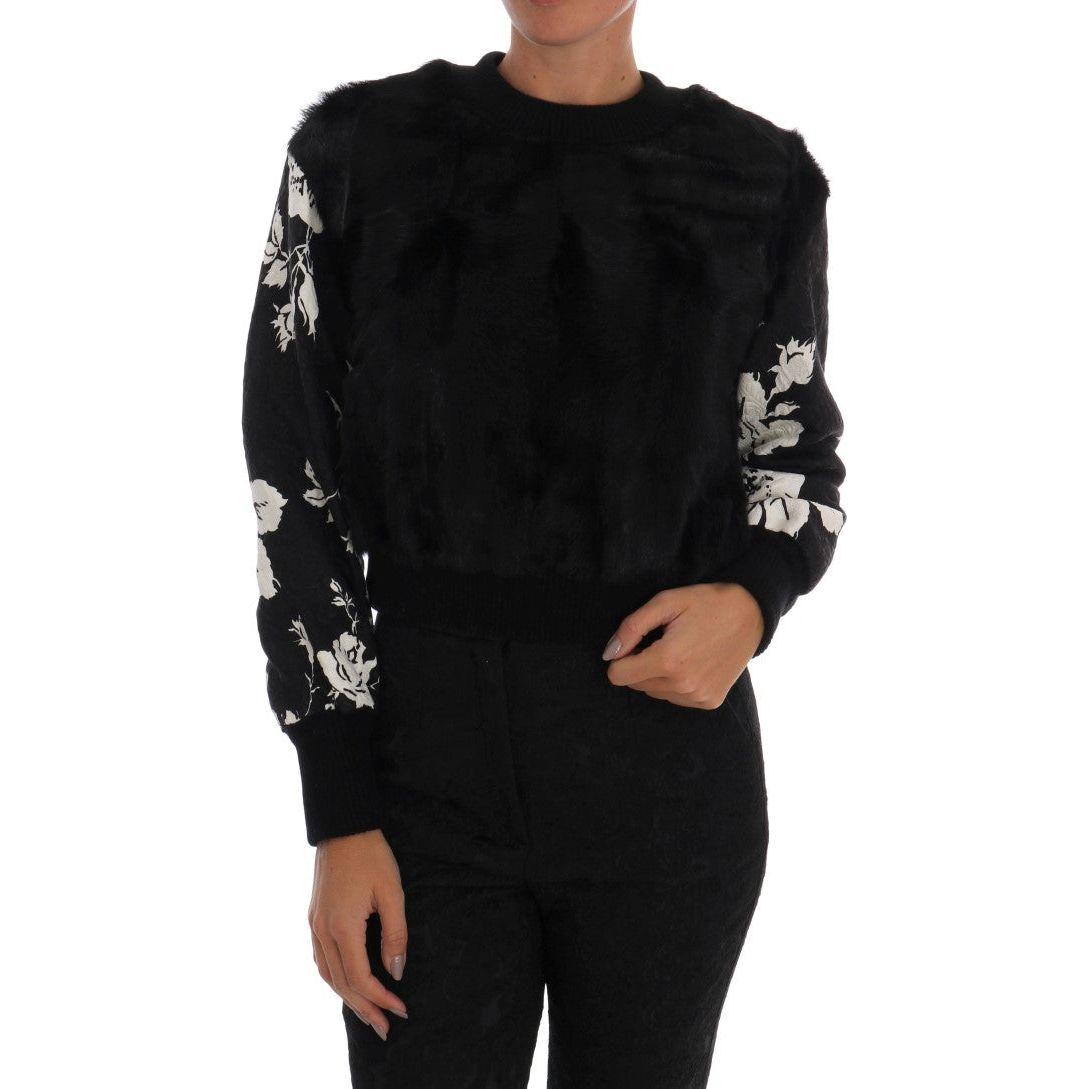 Dolce & Gabbana Floral Brocade Black Fur Sweater Dolce & Gabbana