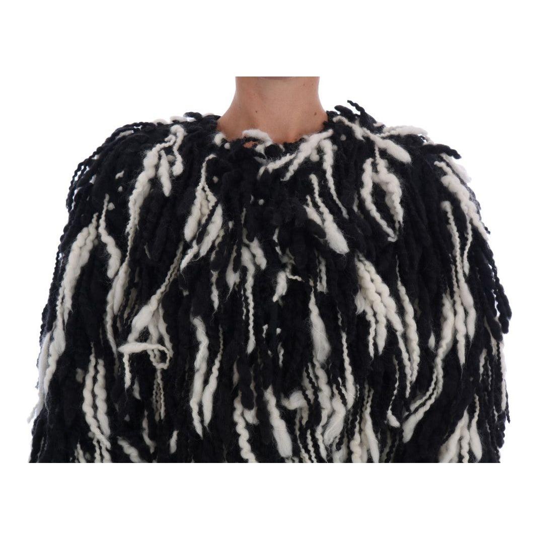 Dolce & Gabbana Black and White Fringed Wool Coat Jacket Coats & Jackets Dolce & Gabbana