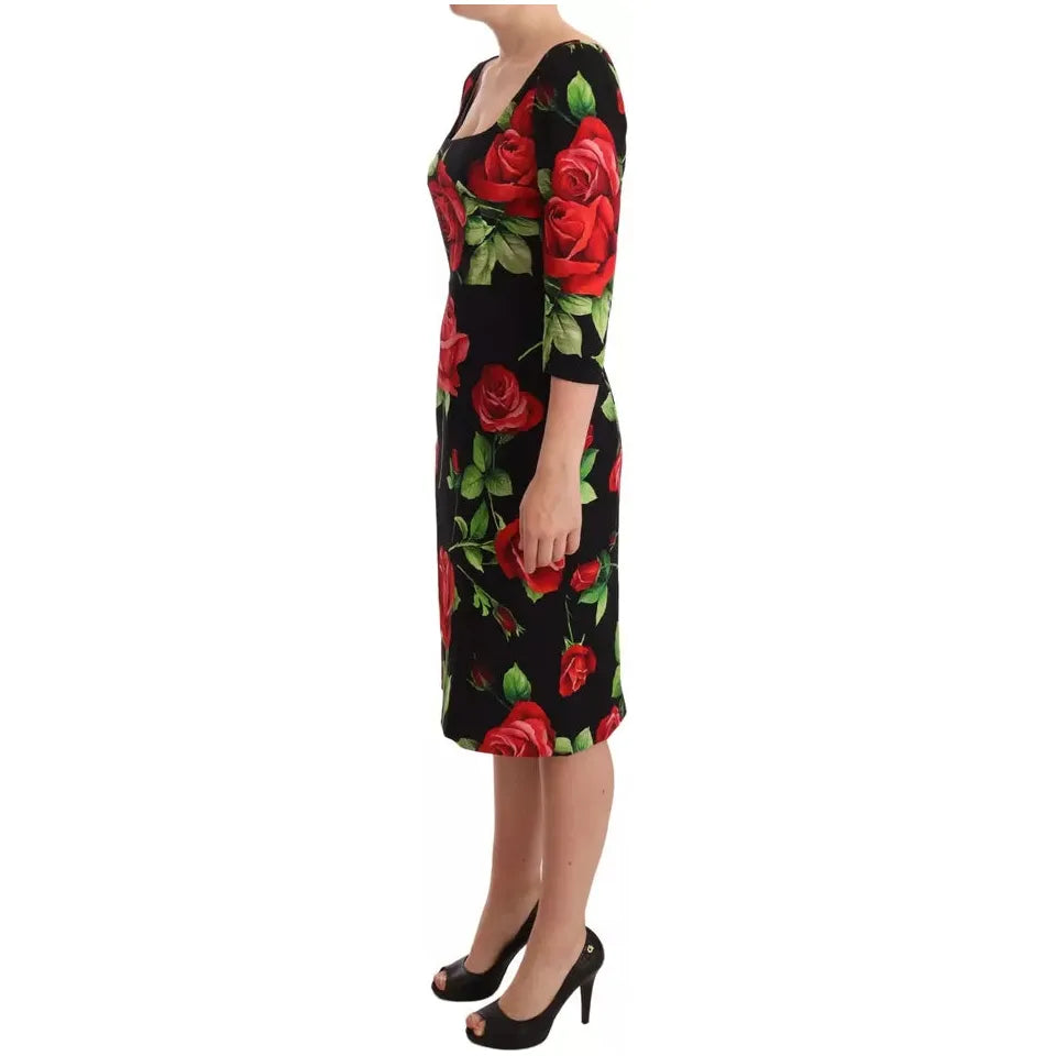 Dolce & Gabbana Black Red Roses Sheath Silk Stretch Dress Dolce & Gabbana