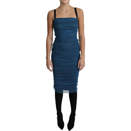 Dolce & Gabbana Blue Draped Tulle Midi Sheath Cotton Dress Dolce & Gabbana