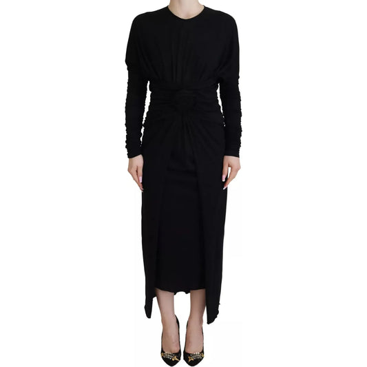 Dolce & Gabbana Black Sheath Midi Gown Wool Wrap Dress Dolce & Gabbana