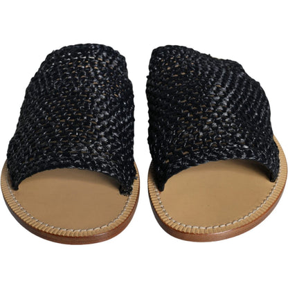 Dolce & Gabbana Black Monochrome Braided Raffia Slides Shoes 1728,67345645728,Black,Dolce & Gabbana,EU42/US9,Flats - Shoes,Material: 100% Viscose,Men,Men - Shoes,Preowned / Defect,Sandals - Men - Shoes,Shoes,Slides - Flats - Shoes