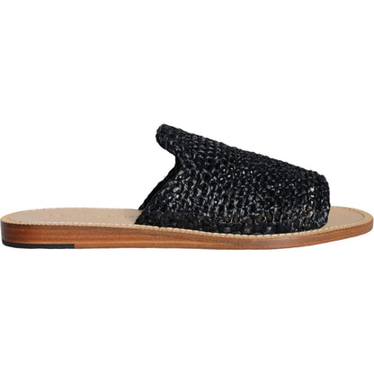Dolce & Gabbana Black Monochrome Braided Raffia Slides Shoes 1728,67345645728,Black,Dolce & Gabbana,EU42/US9,Flats - Shoes,Material: 100% Viscose,Men,Men - Shoes,Preowned / Defect,Sandals - Men - Shoes,Shoes,Slides - Flats - Shoes