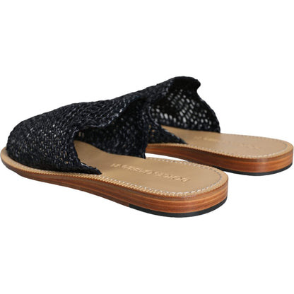 Dolce & Gabbana Black Monochrome Braided Raffia Slides Shoes 1728,67345645728,Black,Dolce & Gabbana,EU42/US9,Flats - Shoes,Material: 100% Viscose,Men,Men - Shoes,Preowned / Defect,Sandals - Men - Shoes,Shoes,Slides - Flats - Shoes