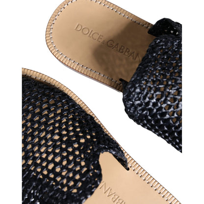 Dolce & Gabbana Black Monochrome Braided Raffia Slides Shoes 1728,67345645728,Black,Dolce & Gabbana,EU42/US9,Flats - Shoes,Material: 100% Viscose,Men,Men - Shoes,Preowned / Defect,Sandals - Men - Shoes,Shoes,Slides - Flats - Shoes