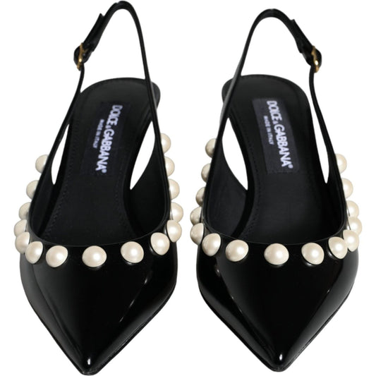 Dolce & Gabbana Black Leather Faux Pearl Heel Slingback Shoes Dolce & Gabbana