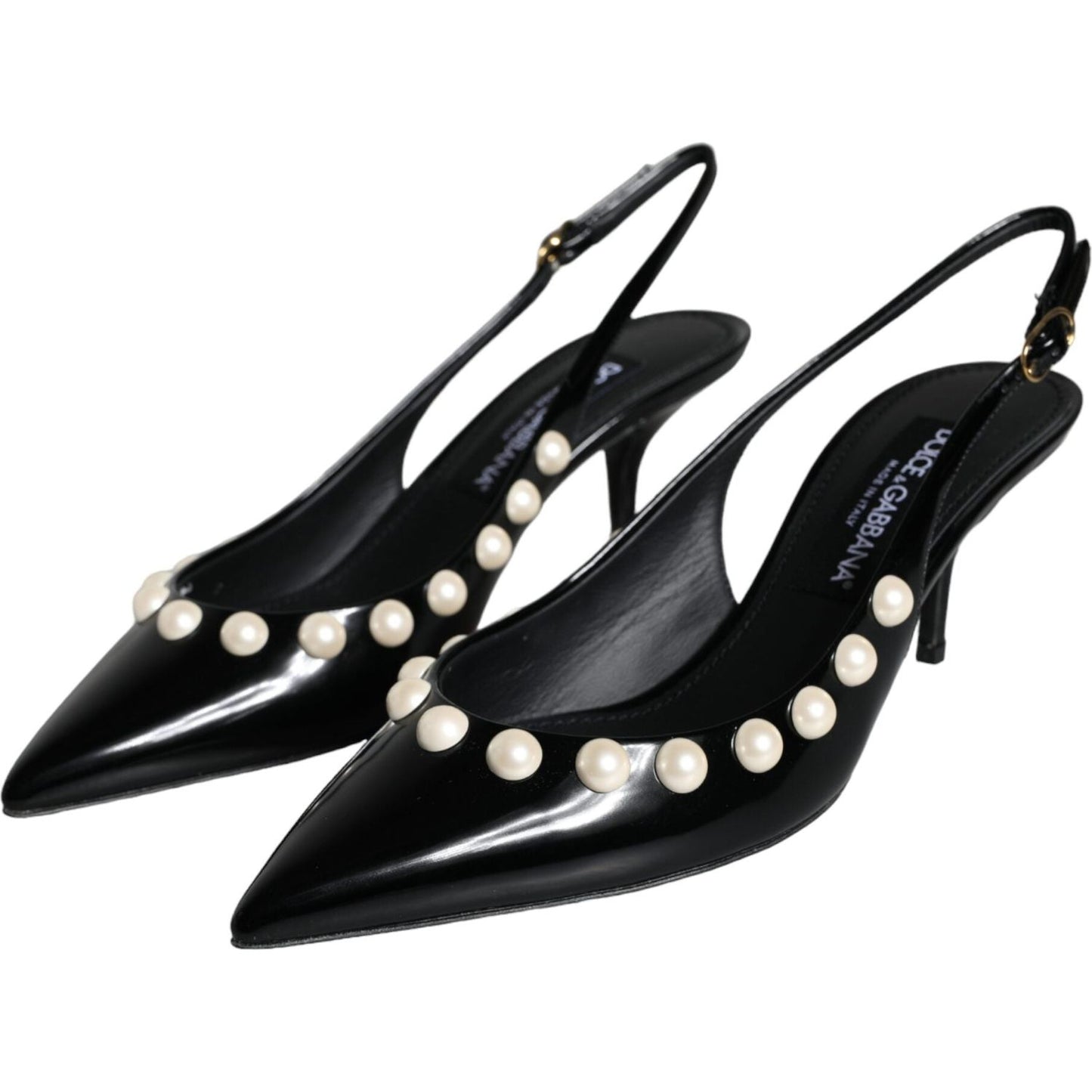 Dolce & Gabbana Black Leather Faux Pearl Heel Slingback Shoes Dolce & Gabbana