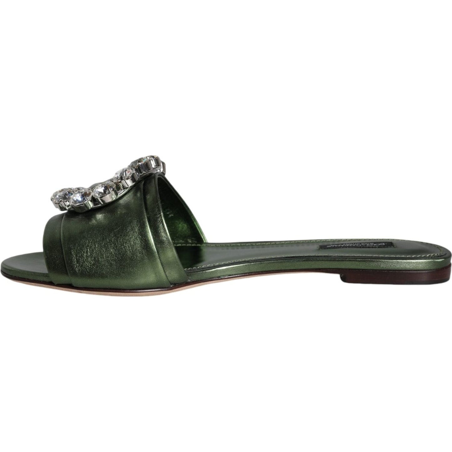 Dolce & Gabbana Metallic Green Crystal Leather Flats Sandals Shoes Dolce & Gabbana