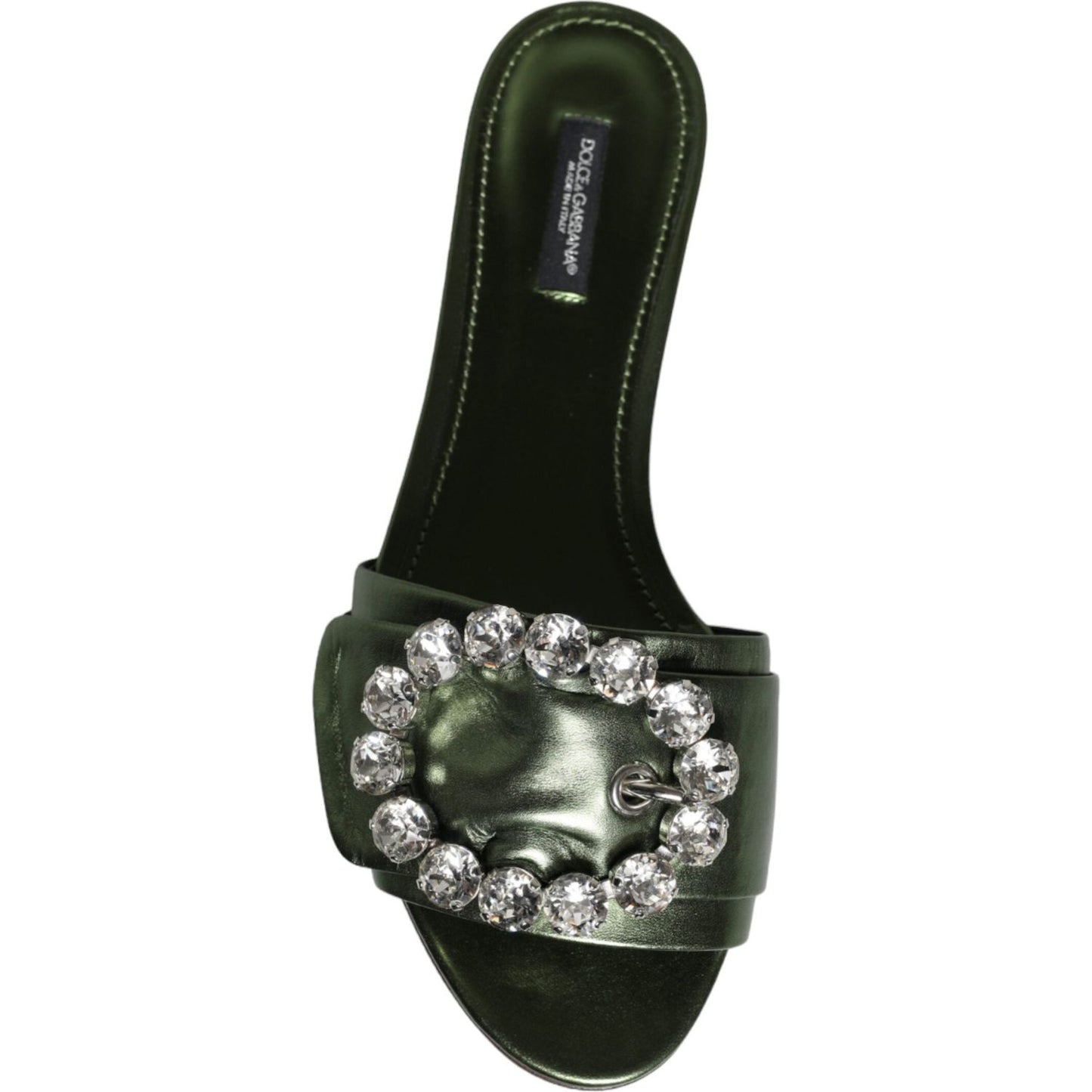 Dolce & Gabbana Metallic Green Crystal Leather Flats Sandals Shoes Dolce & Gabbana