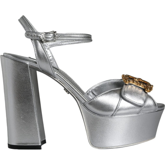 Dolce & Gabbana Silver Leather Platform Logo Keira Sandals Shoes Dolce & Gabbana