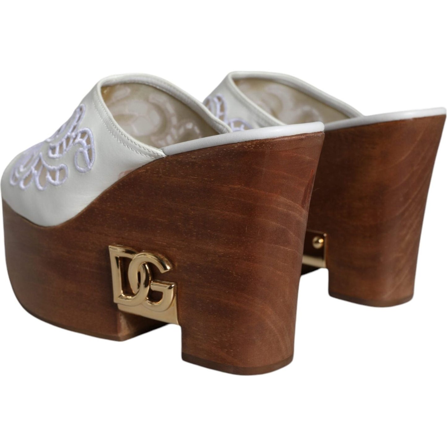 Dolce & Gabbana White Leather Wood Mules Wedge Slides Shoes Dolce & Gabbana