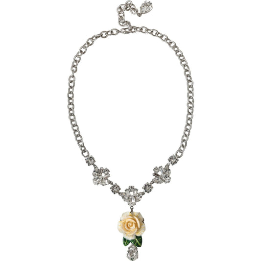 Dolce & Gabbana Silver Brass Clear Crystal Roses Pendants Necklace Dolce & Gabbana