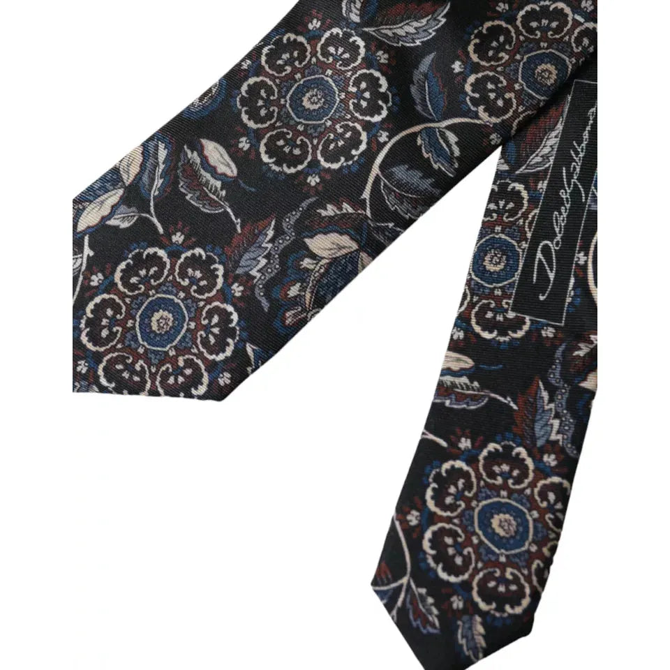 Dolce & Gabbana Black Floral Pattern Silk Adjustable Men Tie Dolce & Gabbana