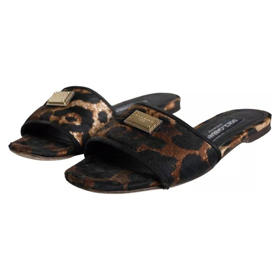 Dolce & Gabbana Brown Leopard Logo Slides Flats Sandals Shoes Dolce & Gabbana