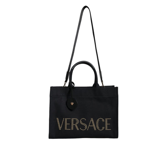 Versace Black Top Handle Canvas Leather Logo Crossbody Tote Bag