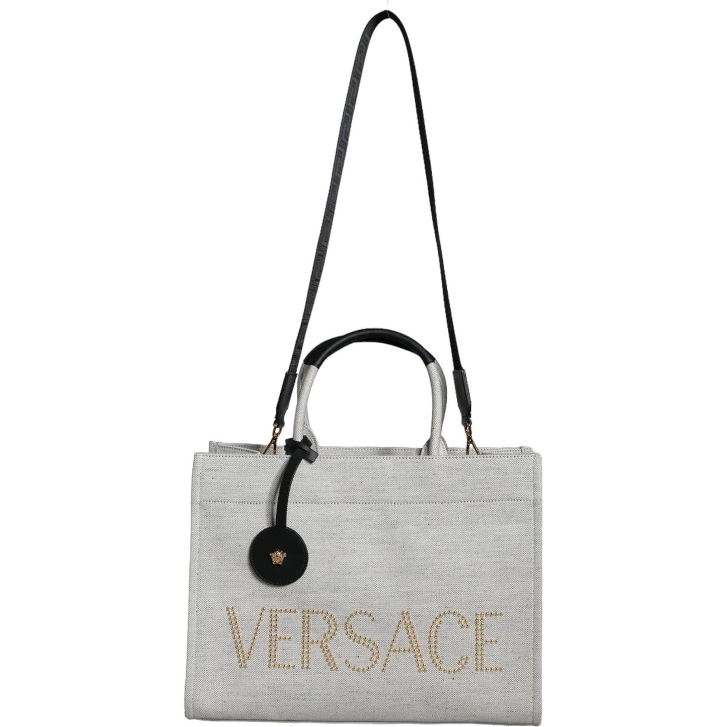 Versace White Top Handle Canvas Leather Logo Crossbody Tote Bag Versace