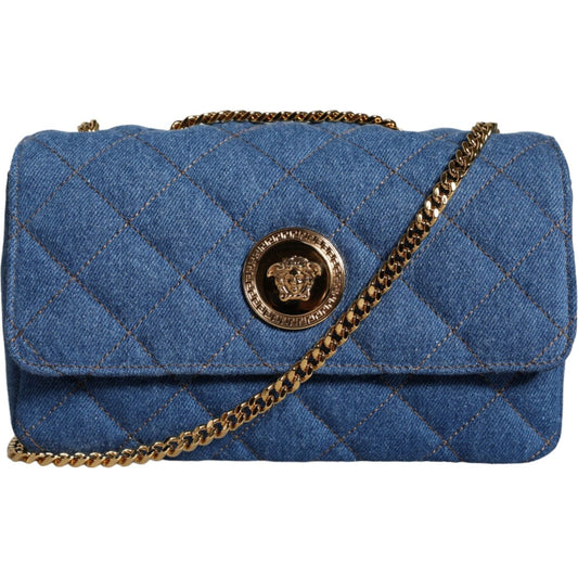 Versace Blue Quilted Denim Leather Crossbody Shoulder Bag Versace