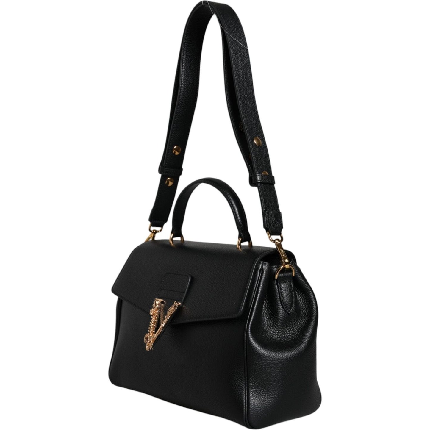 Versace Black Top Handle Grainy Calfskin Leather Crossbody Bag Versace