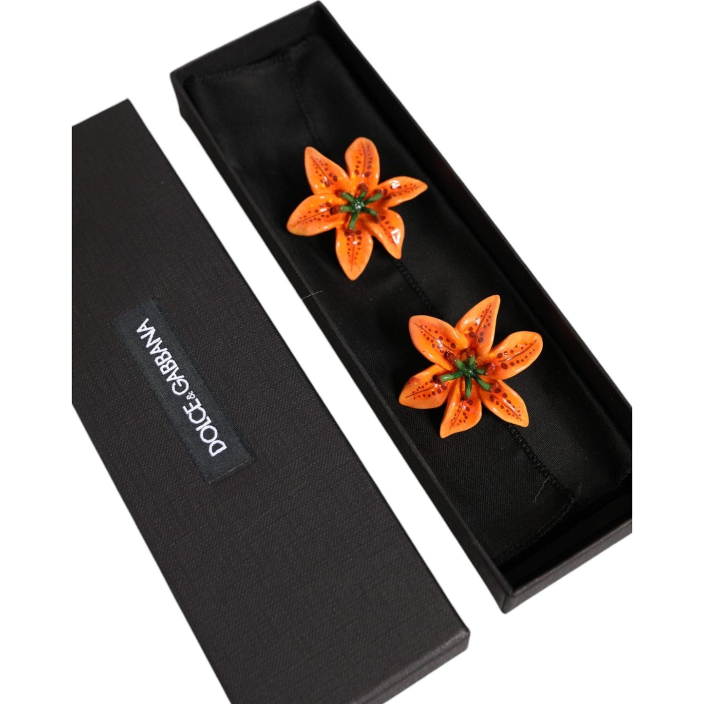 Dolce & Gabbana Orange Green Gold Brass Lily Flower Clip Floral Earrings Dolce & Gabbana