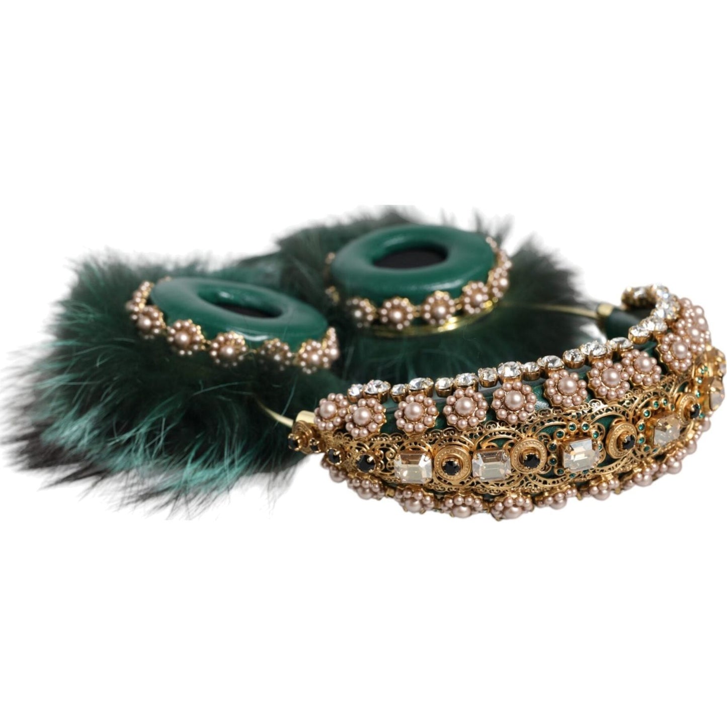 Dolce & Gabbana Green Gold Crystal Fur Headset Audio AUX Headphones Dolce & Gabbana