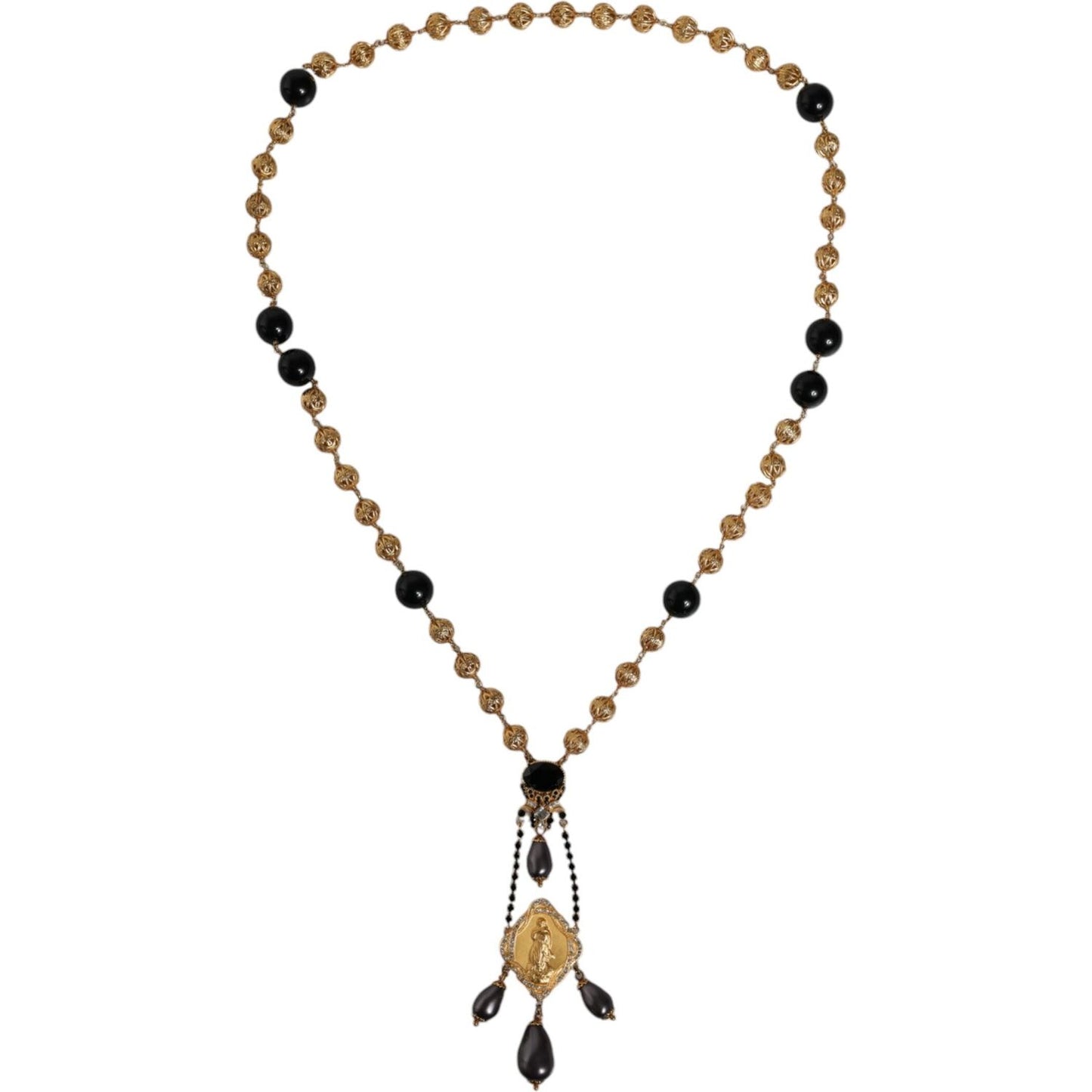 Dolce & Gabbana Gold Chain Brass Black Beaded Rosary Style Necklace Dolce & Gabbana