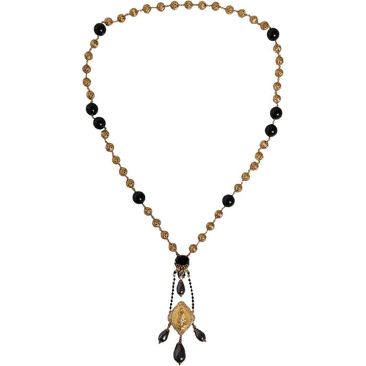 Dolce & Gabbana Gold Chain Brass Black Beaded Rosary Style Necklace Dolce & Gabbana