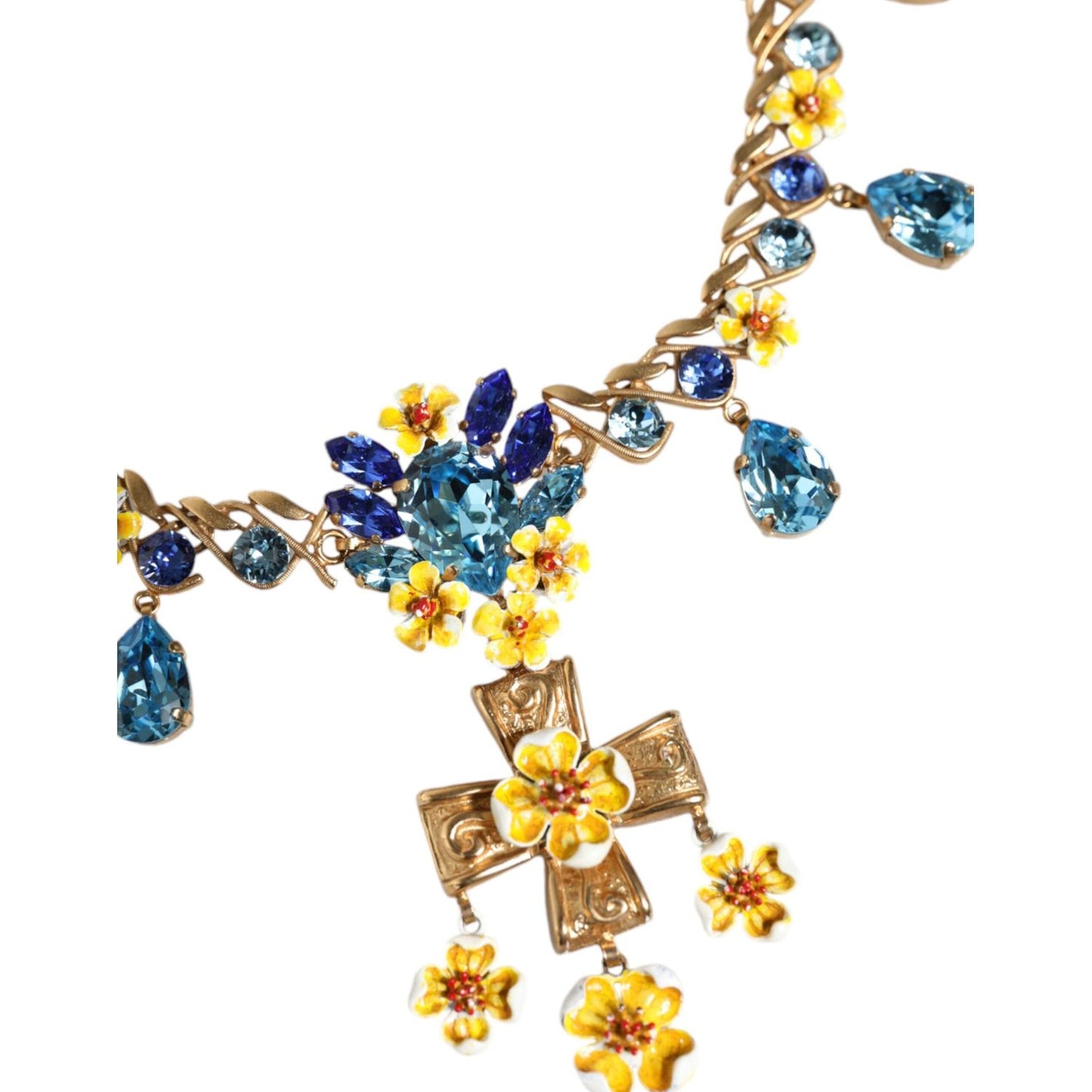 Dolce & Gabbana Gold Brass Chain Floral Crystal Cross Pendant Necklace Dolce & Gabbana