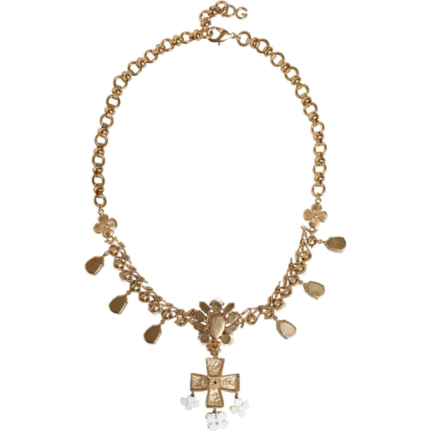 Dolce & Gabbana Gold Brass Chain Floral Crystal Cross Pendant Necklace Dolce & Gabbana