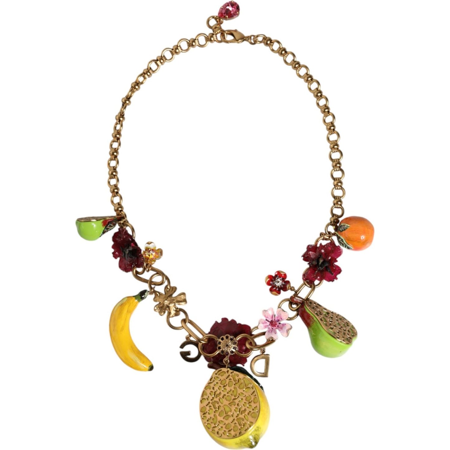 Dolce & Gabbana Gold Brass FRUIT Pendants Flowers Crystal Logo Necklace Dolce & Gabbana