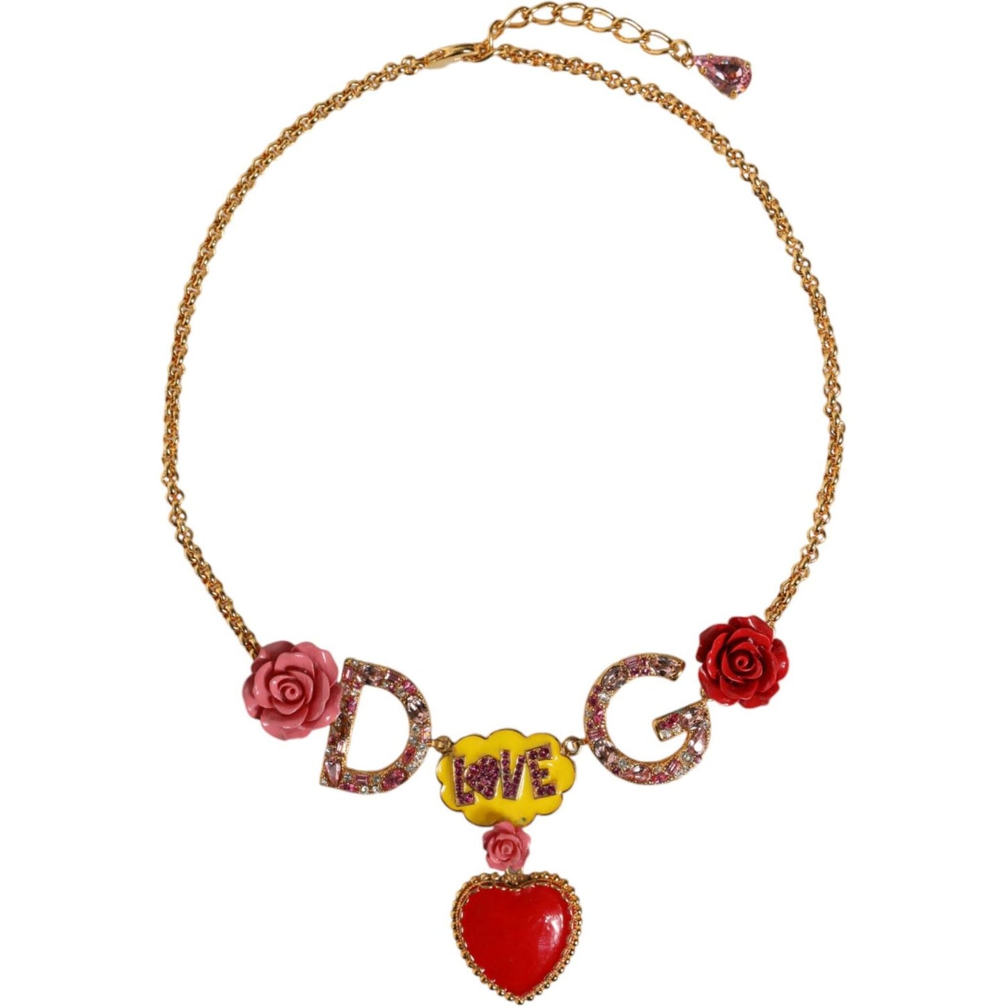 Dolce & Gabbana Gold Chain DG Logo Rose Love Crystal Charm Necklace Dolce & Gabbana