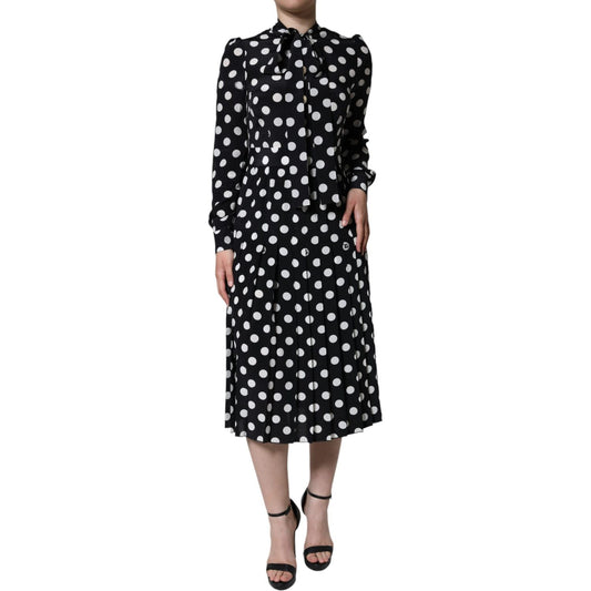 Dolce & Gabbana Black White Polka Dot Ascot Collar Midi Dress Dolce & Gabbana