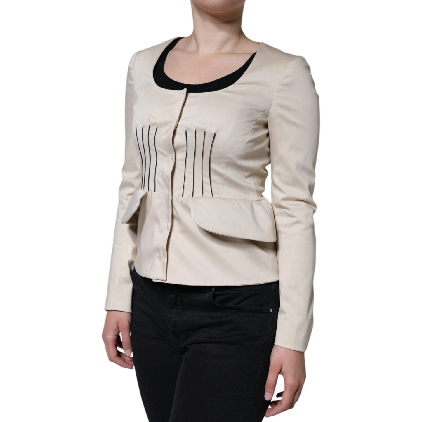 Valentino Beige Cotton Long Sleeves Round Neck Blazer Jacket Valentino