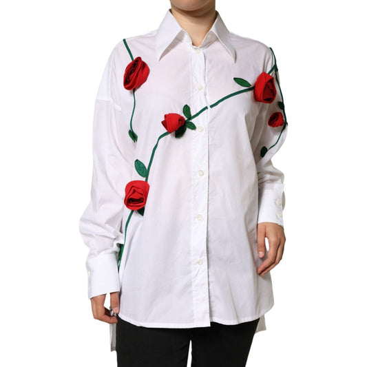 Dolce & Gabbana White Cotton Flower Applique Dress Shirt Top Dolce & Gabbana