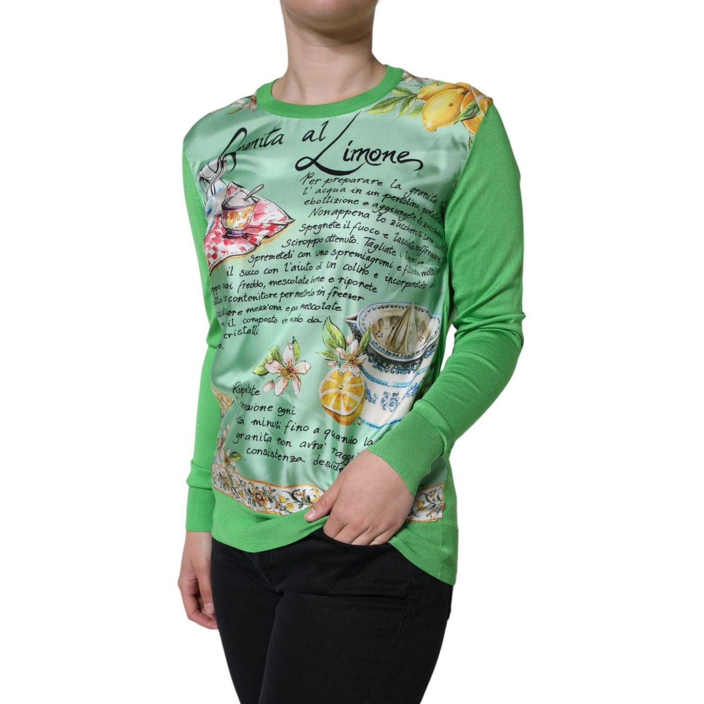 Dolce & Gabbana Green Silk Granita Al Limone Long Sleeves Sweater Dolce & Gabbana