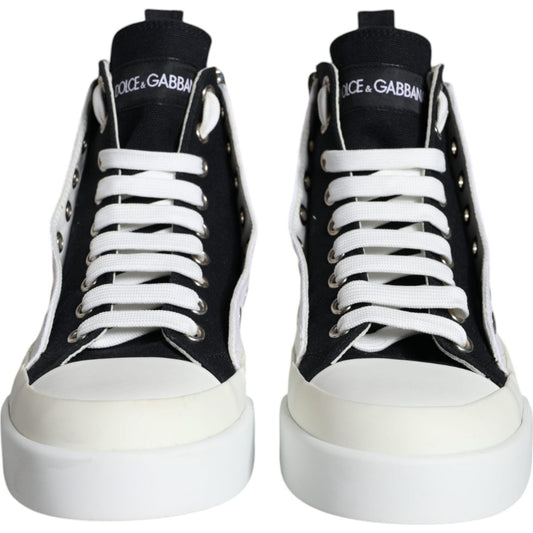 Dolce & Gabbana White Black Canvas Logo Mid Top Sneakers Shoes