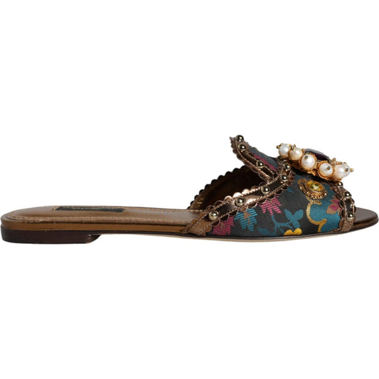 Dolce & Gabbana Multicolor Jacquard Embellished Slides Flats Shoes Dolce & Gabbana