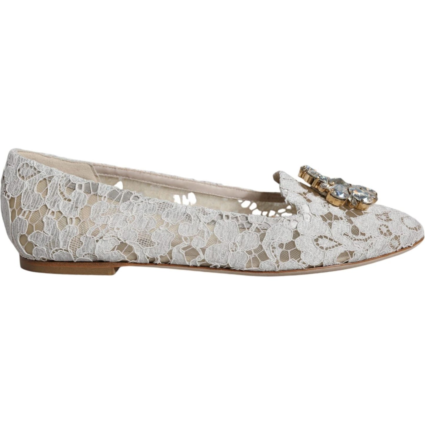 Dolce & Gabbana White Lace Crystal Ballet Flats Loafers Shoes Dolce & Gabbana