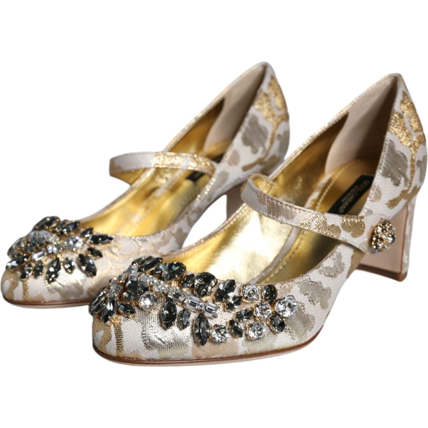 Dolce & Gabbana Gold Jacquard Crystal Mary Janes Pumps Shoes Dolce & Gabbana