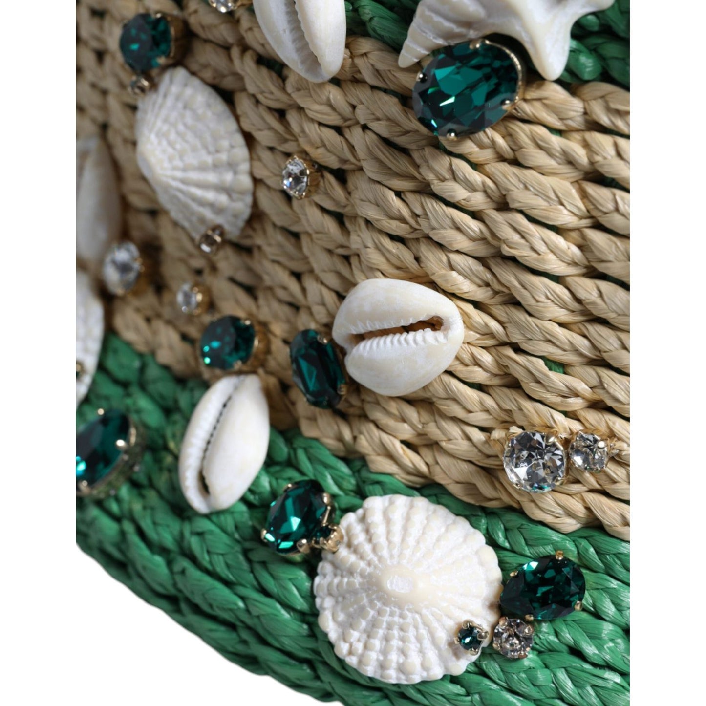 Dolce & Gabbana Beige Green Rafia Seashells Crystal Bucket Bag Dolce & Gabbana