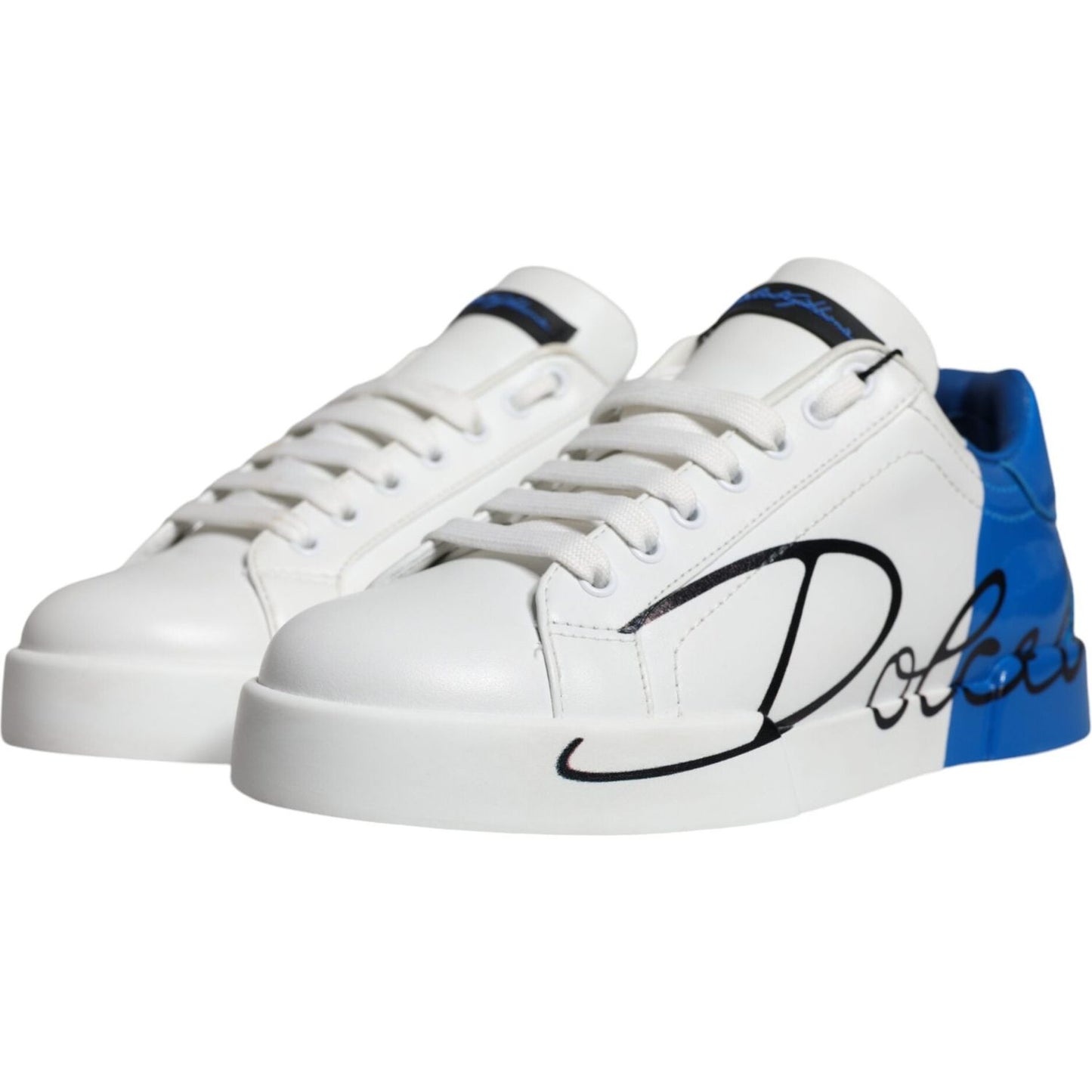 Dolce & Gabbana White Blue Leather Logo Low Top Sneakers Shoes