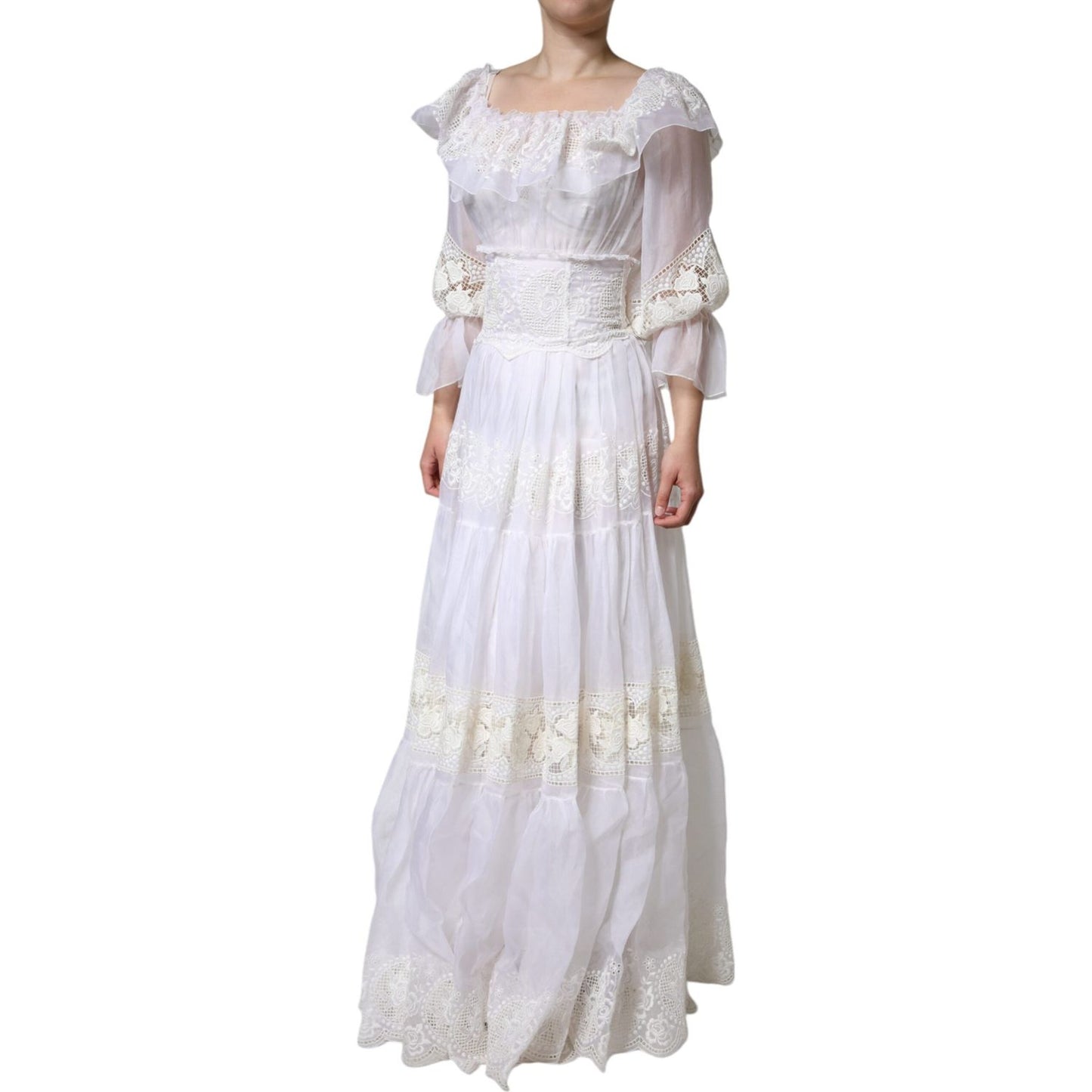 Dolce & Gabbana White Floral Lace Corset Cotton Maxi Dress Dolce & Gabbana