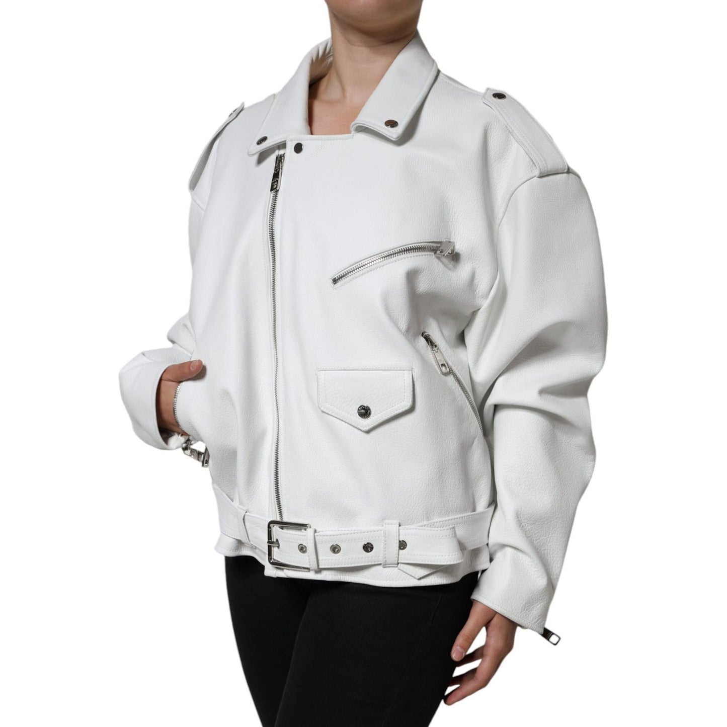 Dolce & Gabbana White Lambskin Leather Biker Coat Jacket Dolce & Gabbana