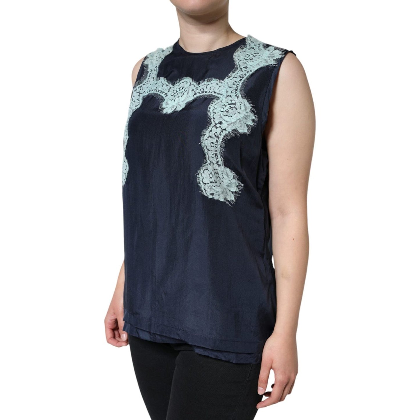 Dolce & Gabbana Blue Floral Lace Silk Sleeveless Tank Top Dolce & Gabbana