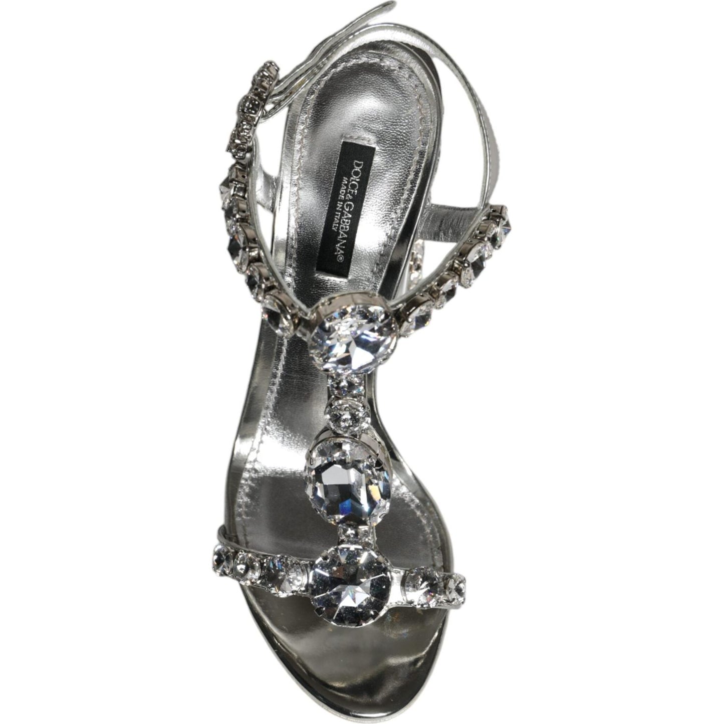 Dolce & Gabbana Silver Leather T-strap Crystal Sandals Shoes Dolce & Gabbana