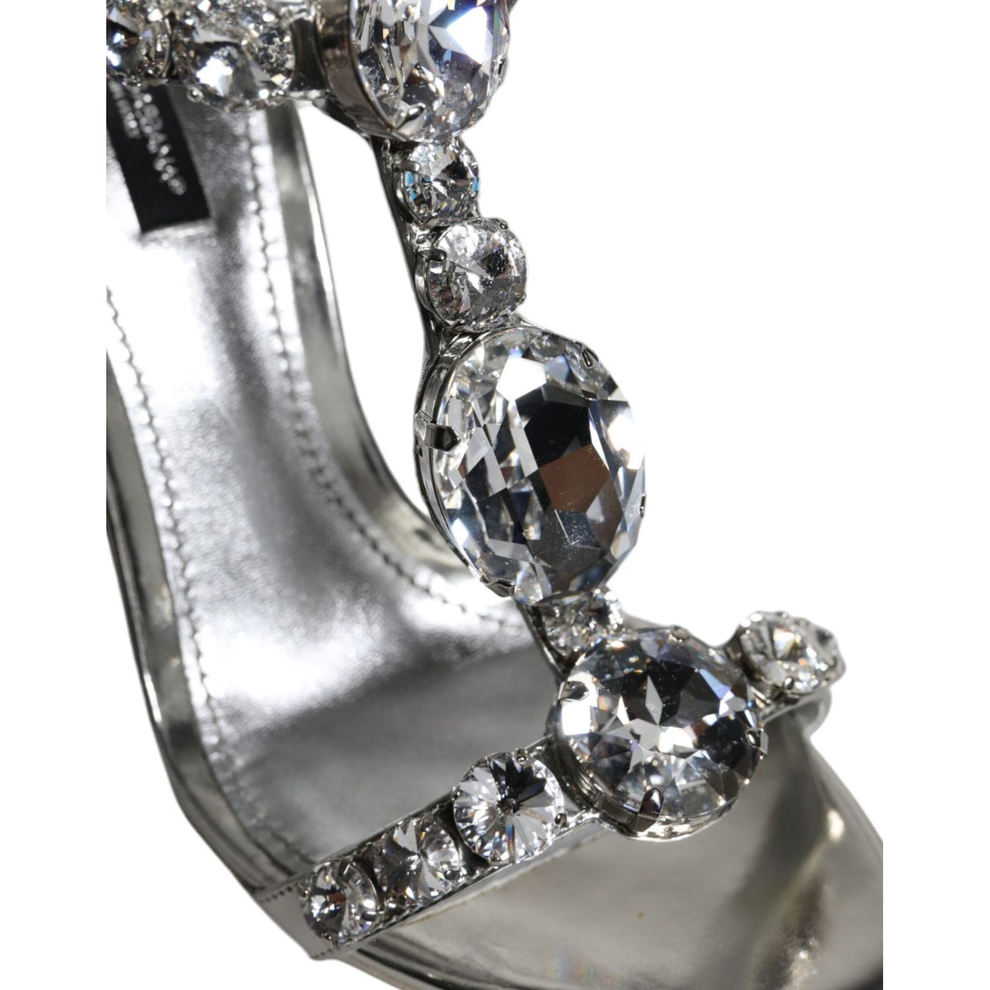 Dolce & Gabbana Silver Leather T-strap Crystal Sandals Shoes Dolce & Gabbana