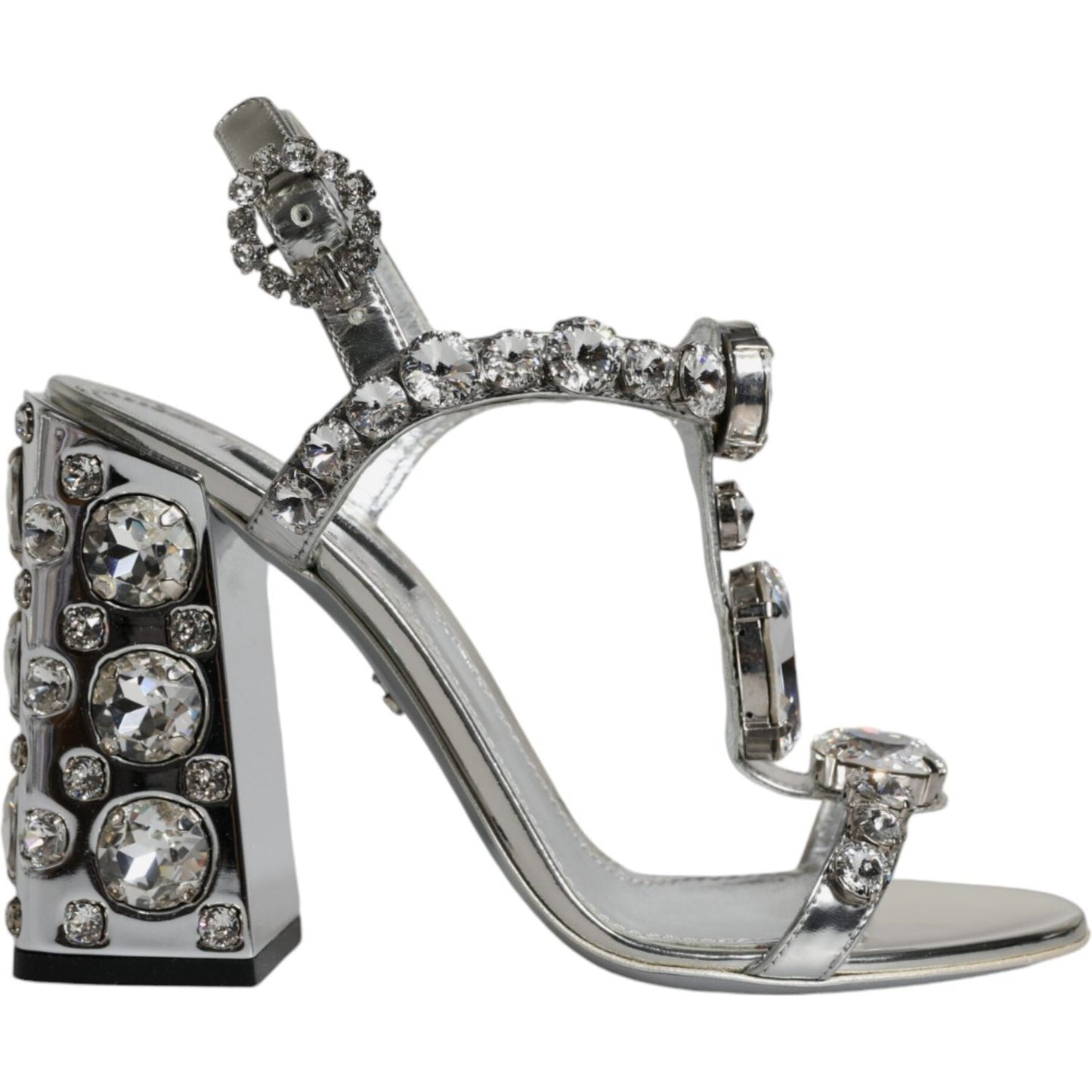 Dolce & Gabbana Silver Leather T-strap Crystal Sandals Shoes Dolce & Gabbana