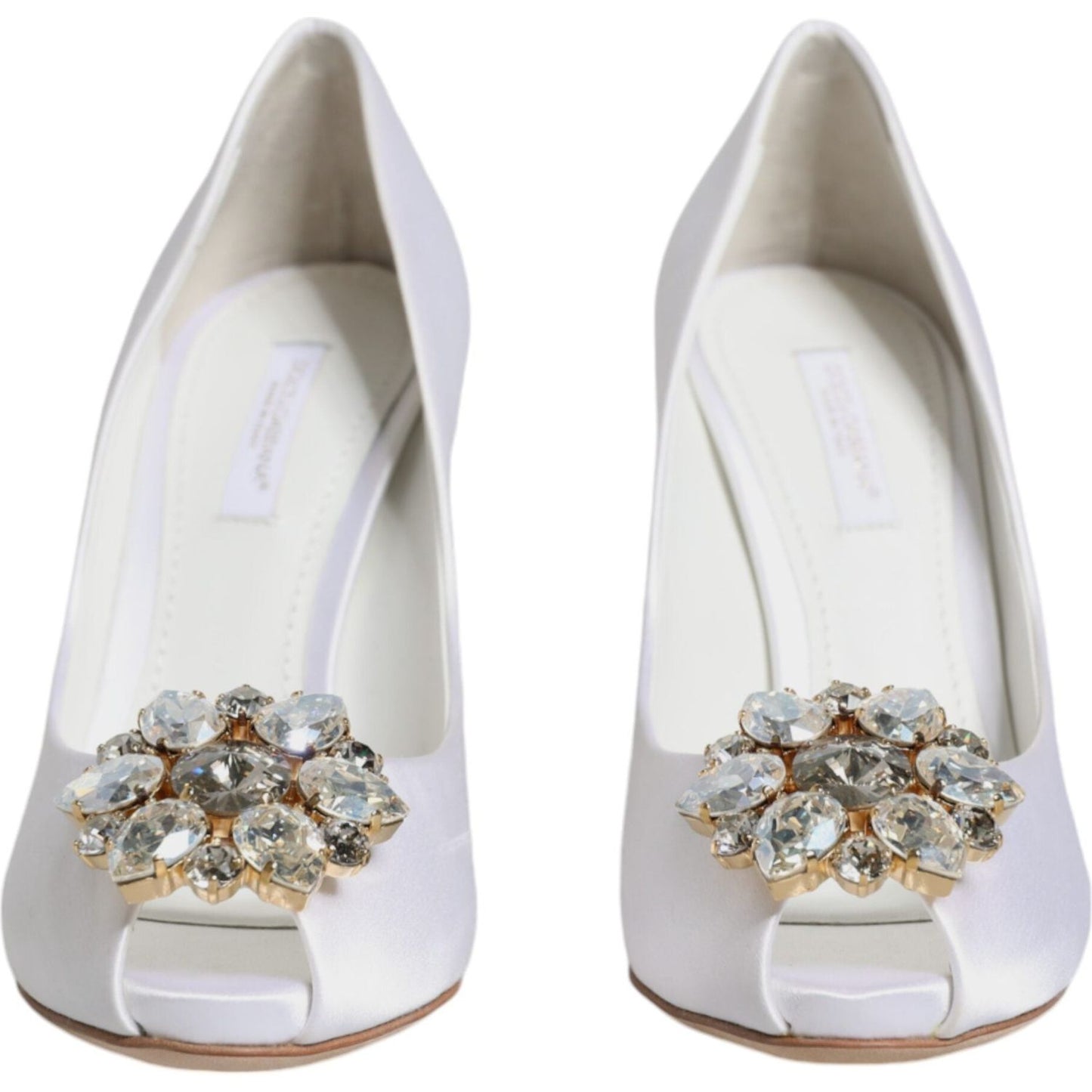 Dolce & Gabbana White Crystals Peep Toe Satin Pumps Shoes Dolce & Gabbana